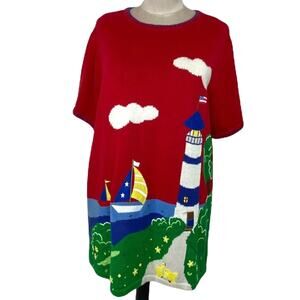 Vintage The Quacker Factory Cotton Blend  Lighthouse Sailing  Sweater 1x‎